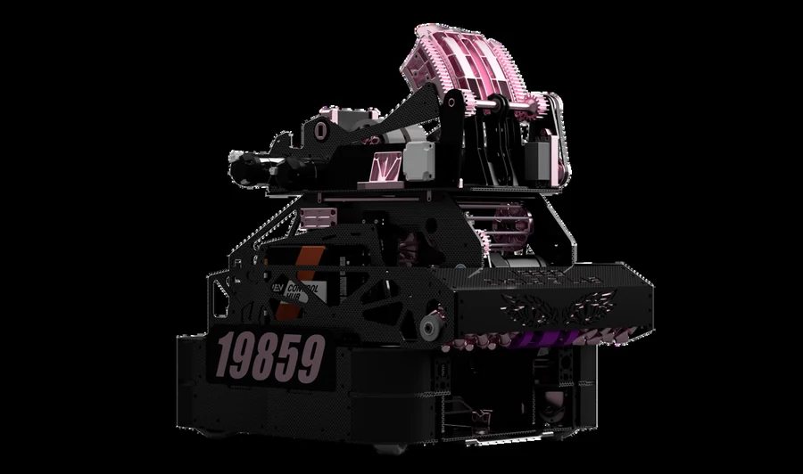 CAD render of the IK19859 competition robot — turret, intake and drivetrain assembled