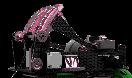 CAD render of the turret assembly — belt drive, gear train and carbon fibre plate