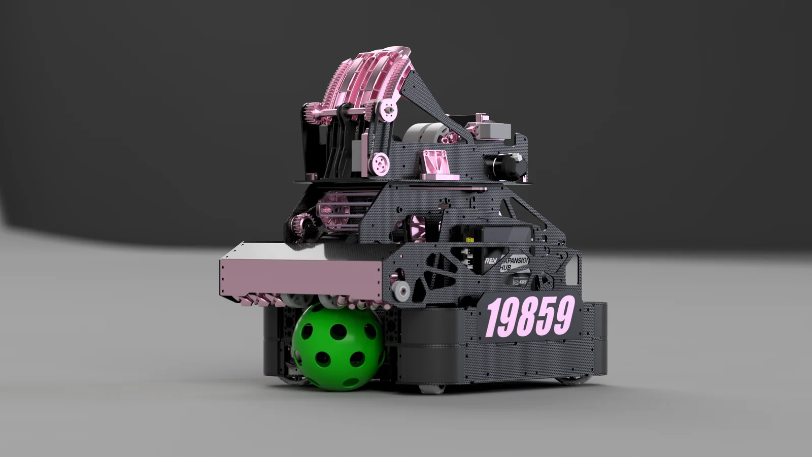Studio render of the IK19859 robot with a green game element