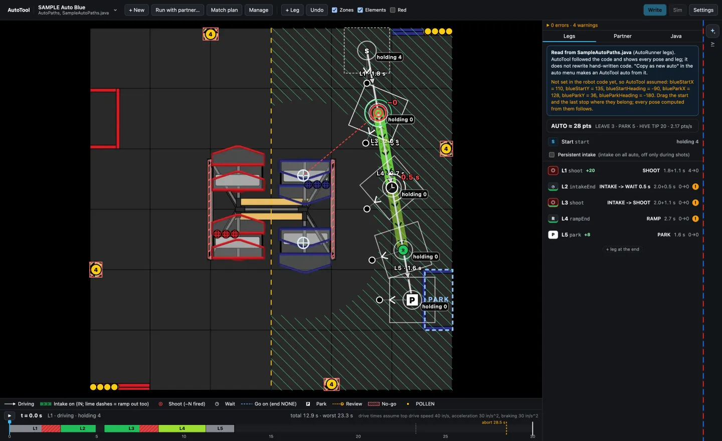 BIOBUZZ AutoTool: the sample blue route drawn on the field from the start to the park, the list of legs with their actions and times on the right, and the time bar along the bottom.