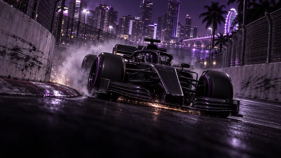 A car on a wet street circuit.