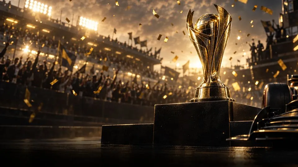 A gold trophy on a podium under confetti and floodlights.