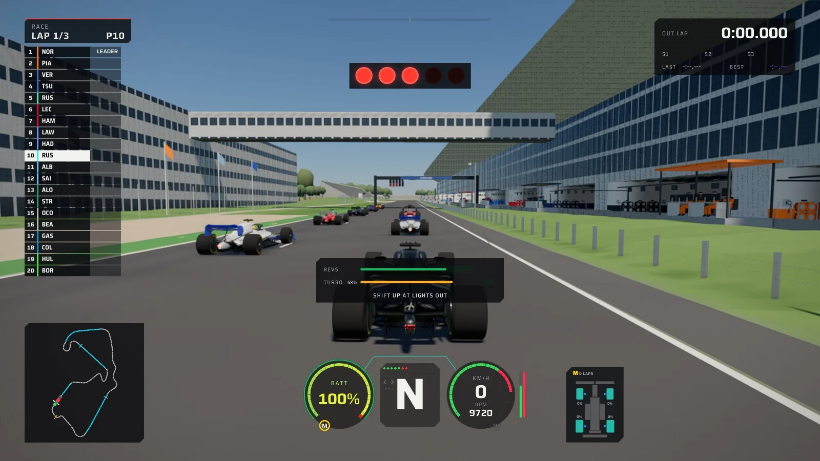 Chase camera behind a car on the grid with three red start lights lit, gauges for battery, gear and speed below.