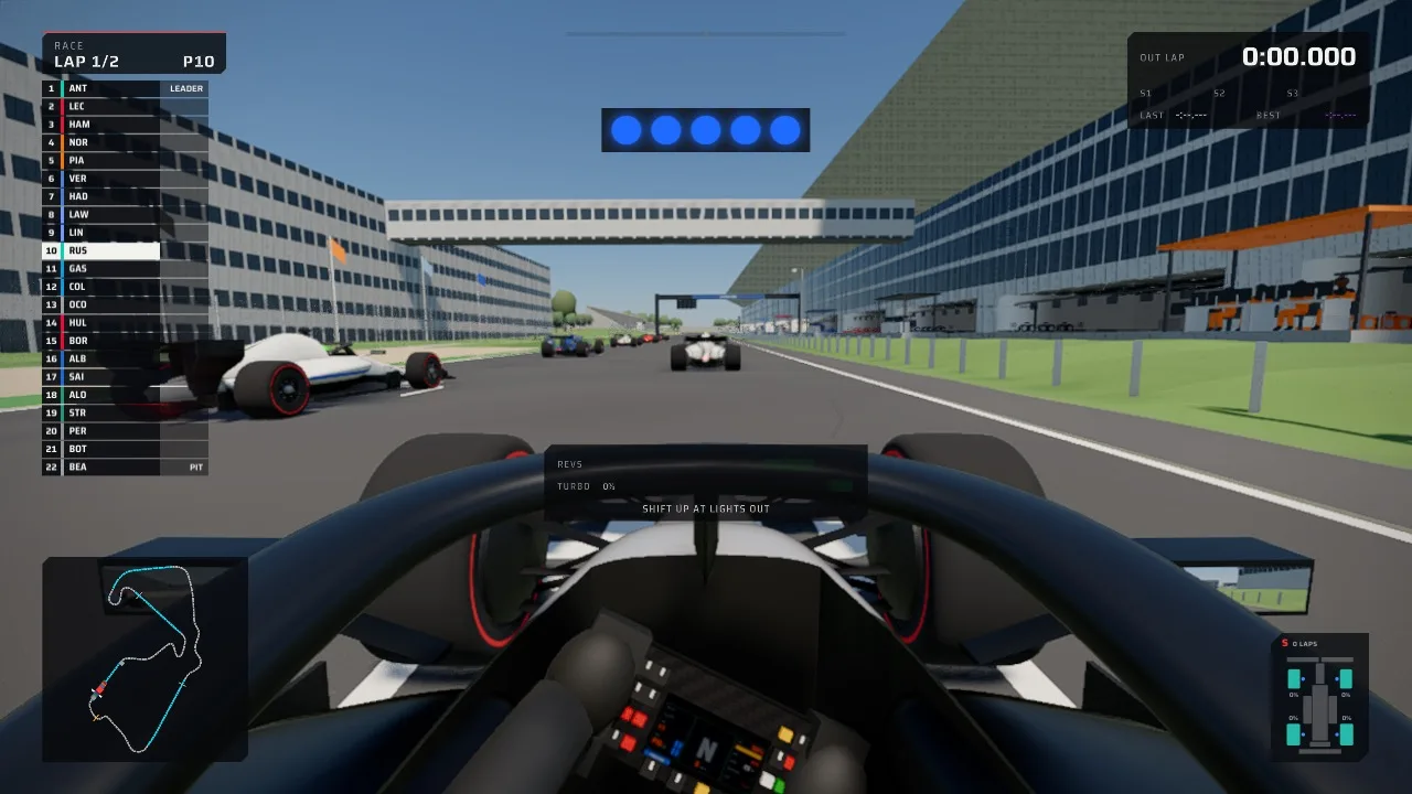 Cockpit view on the grid: the halo and steering wheel in front, cars ahead, five blue lights, a timing tower on the left and a track map below it.