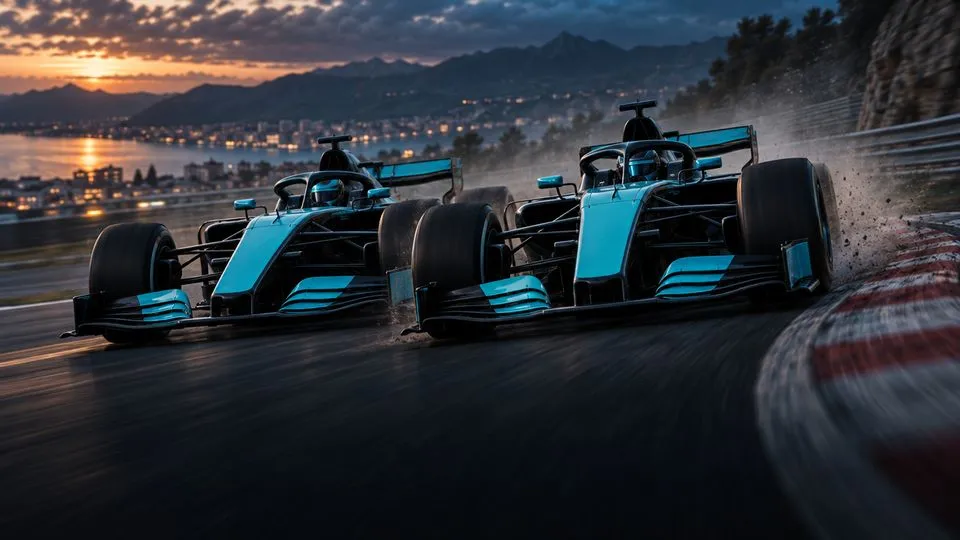 Two teal cars at dusk.