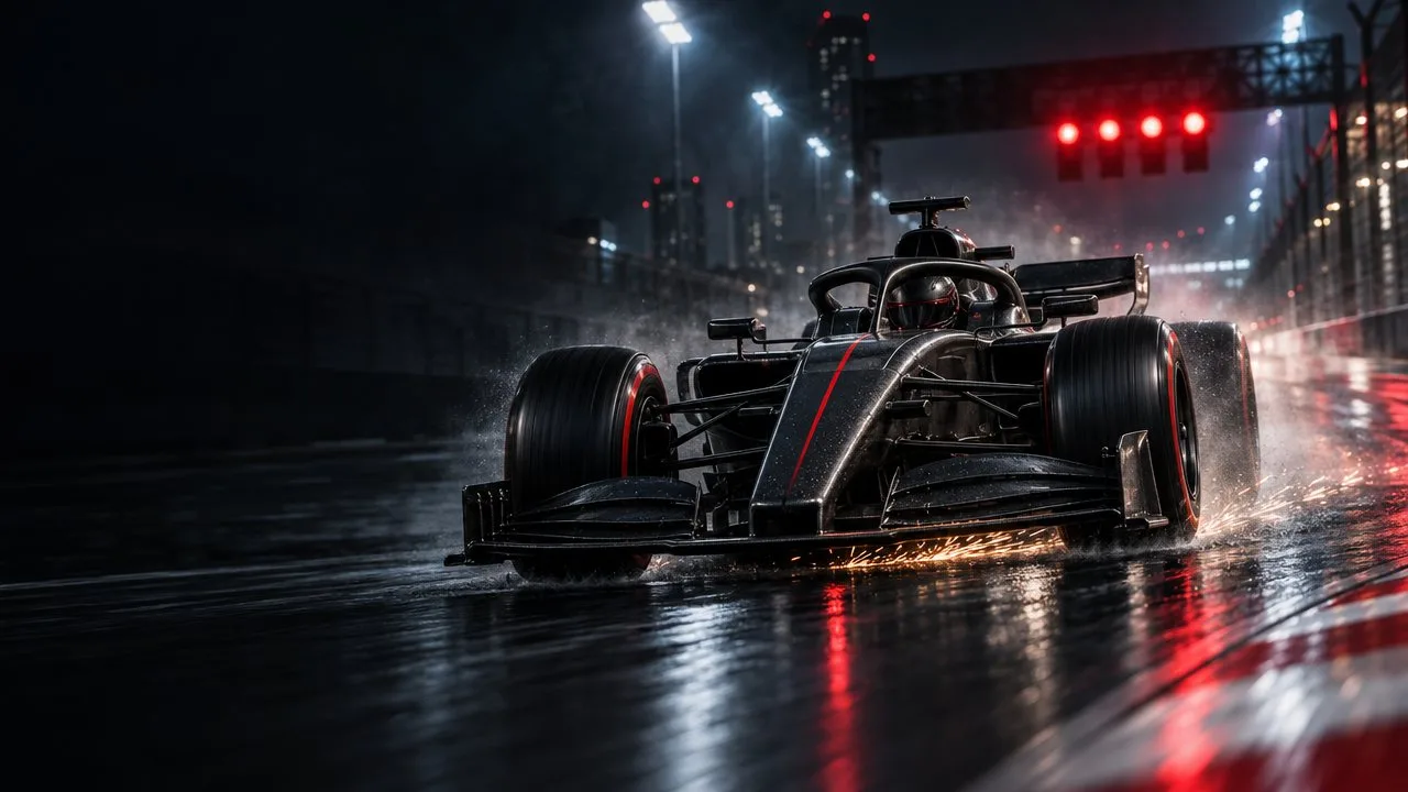 An open-wheel car on a wet night grid under floodlights, with red start lights above.