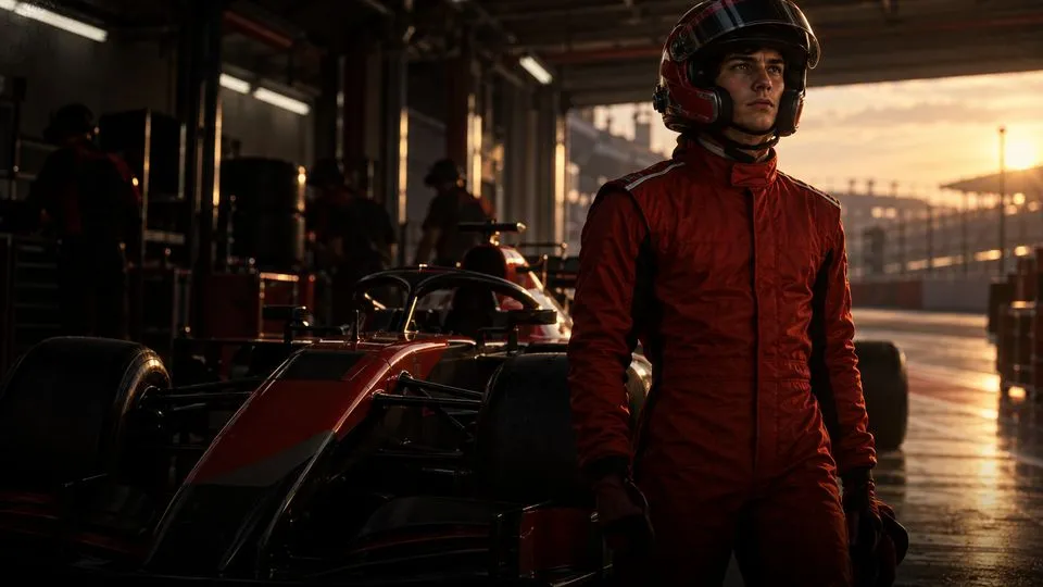 A driver in a red race suit.