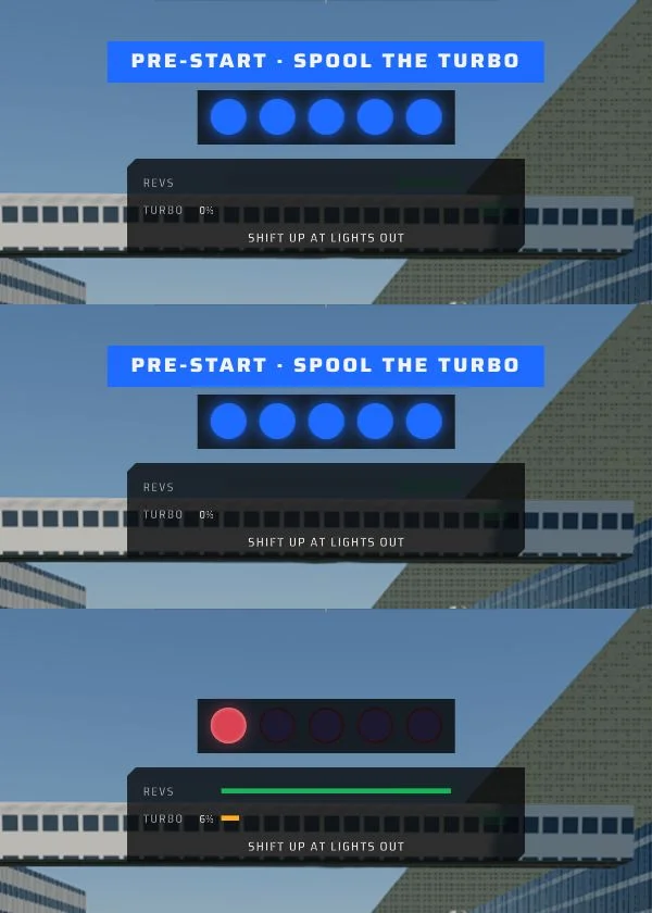 Three steps of the race-start panel: four blue lights while the turbo spools, then a red light as the start begins.
