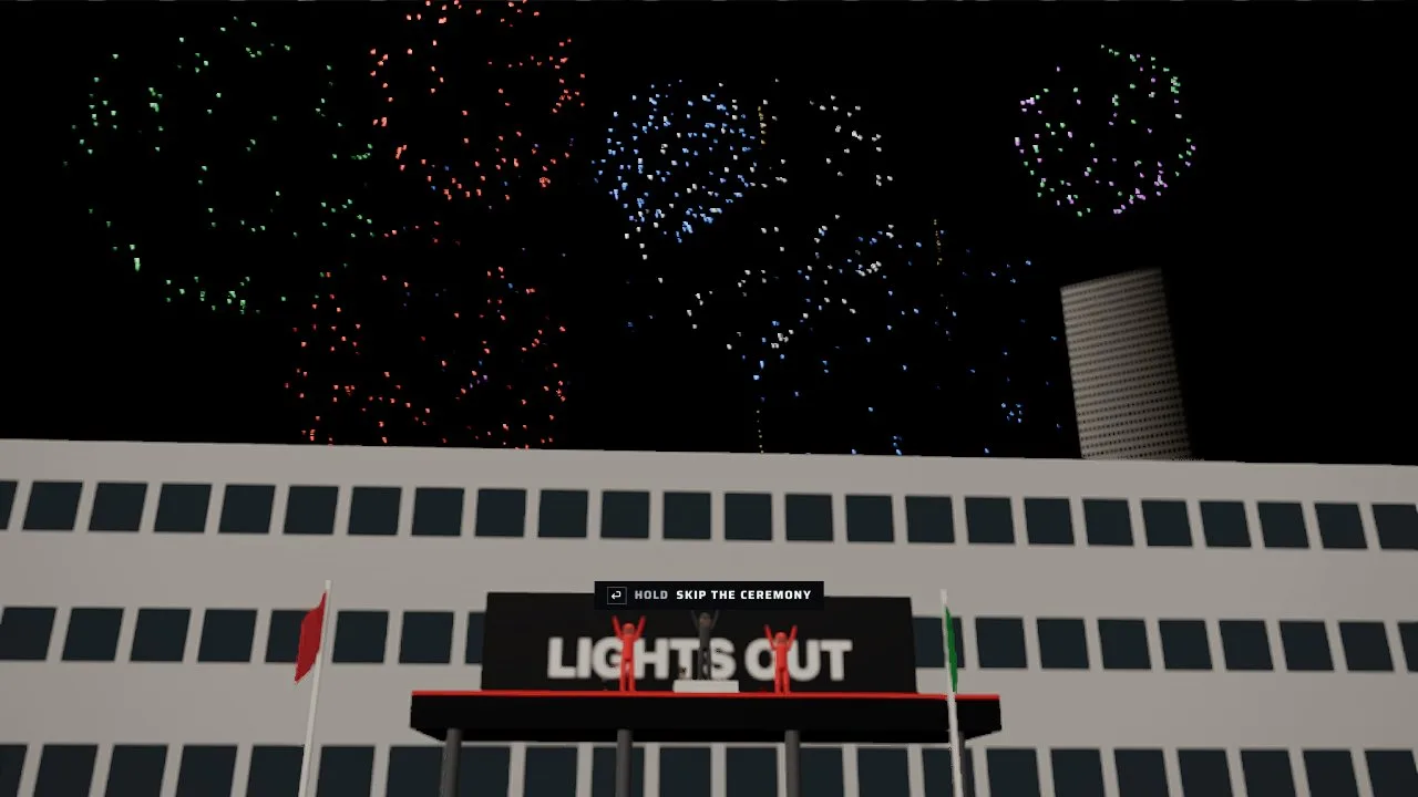 Three drivers on a podium under a LIGHTS OUT sign, with fireworks over the grandstand at night.