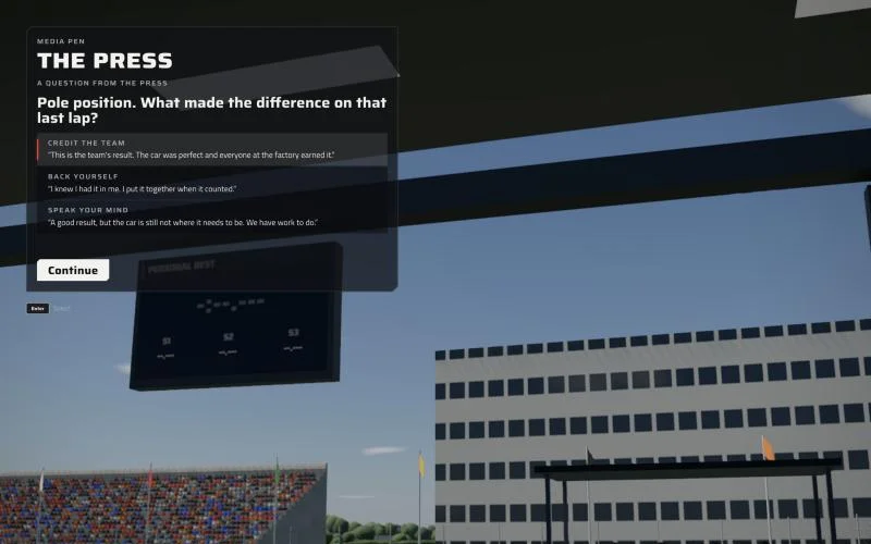 A media pen panel titled The press asks what made the difference on a pole lap, with three answers to choose from.