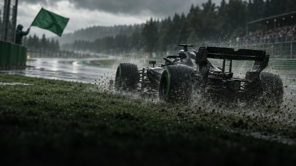 A car in the rain under a green flag.