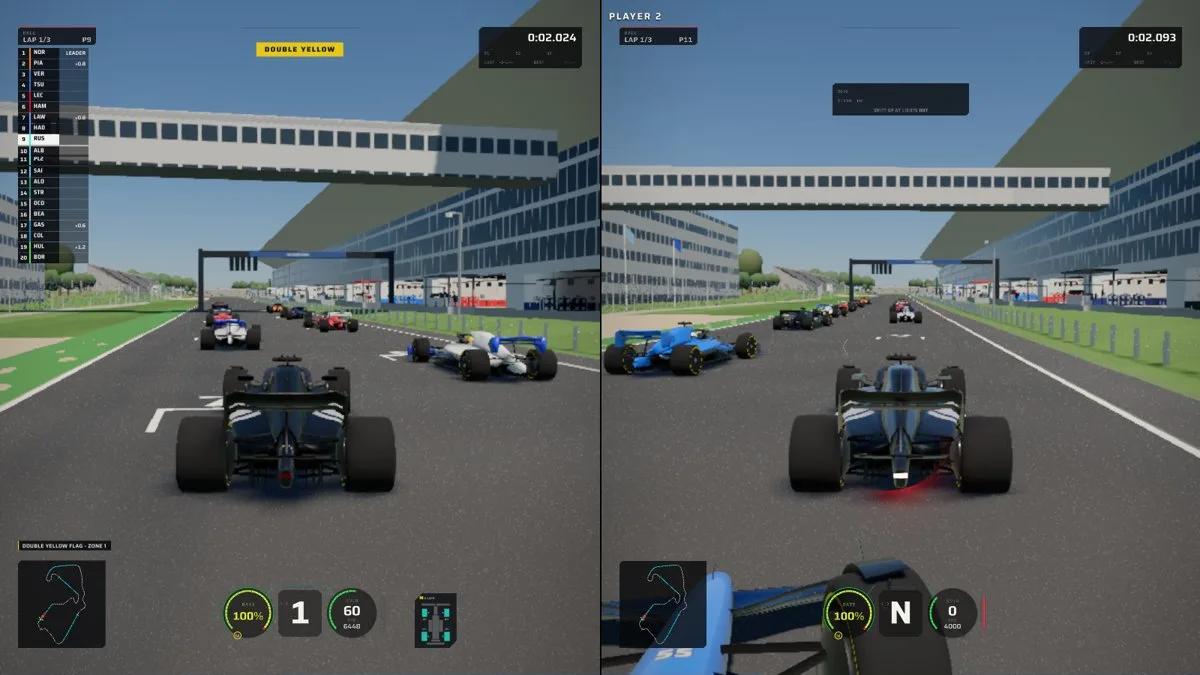 Two players side by side on one screen, each with their own car, timer, map and gauges, one under a double yellow flag.