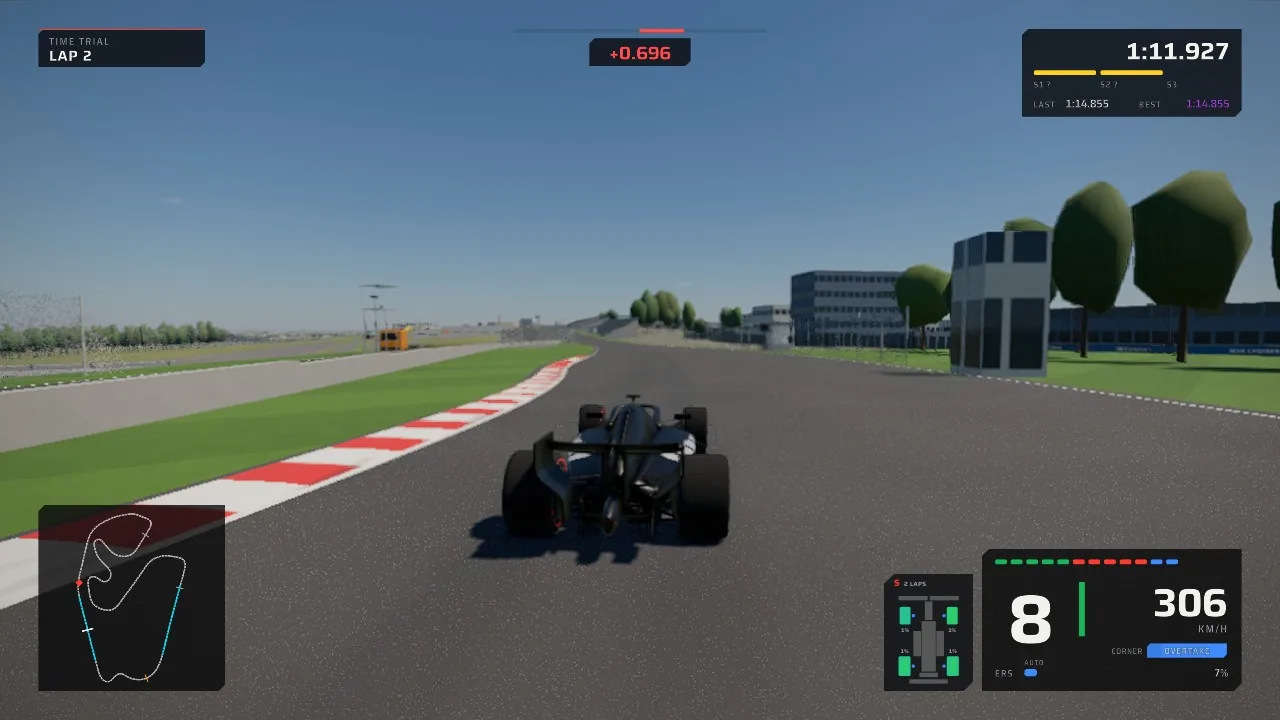 A car on a time-trial lap with the lap timer, a minus delta, the track map, eighth gear and 306 km/h on screen.