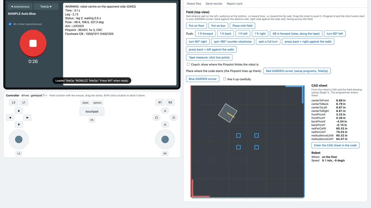 The simulator running the sample blue autonomous: a 0:26 timer and live telemetry on the left, a top view of the field with the robot and the CAD sheet values on the right.