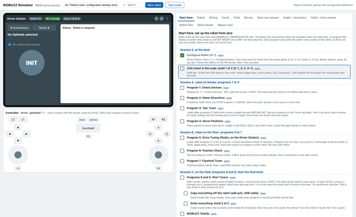 BIOBUZZ Robot Simulator: the Driver Station with an INIT button and a virtual gamepad on the left, and the Start here checklist on the right with Configure Robot ticked.