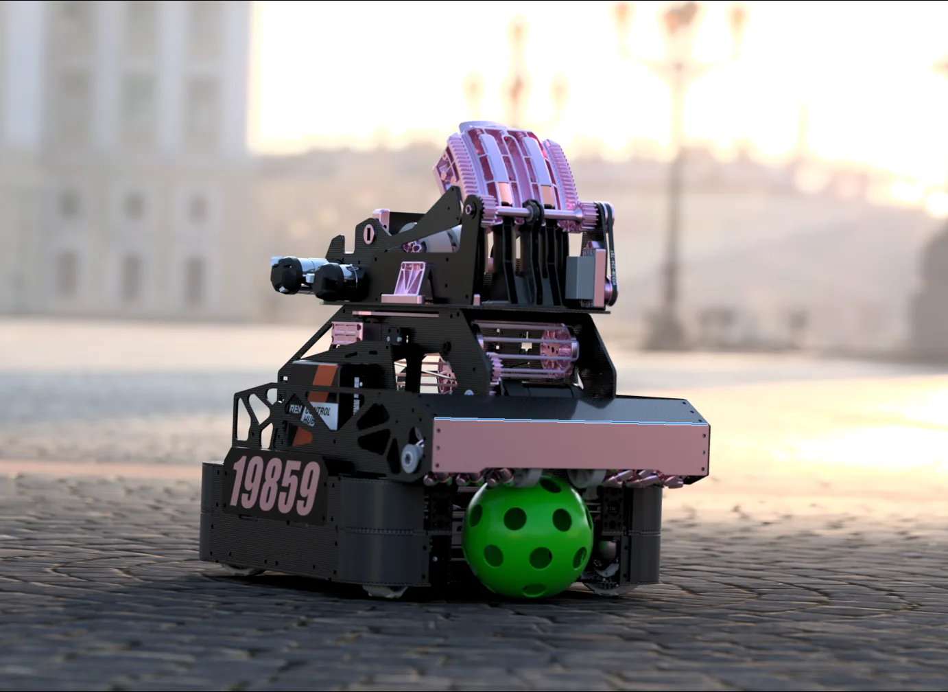 IK19859 — 2025 FTC competition robot render with green game element on a plaza