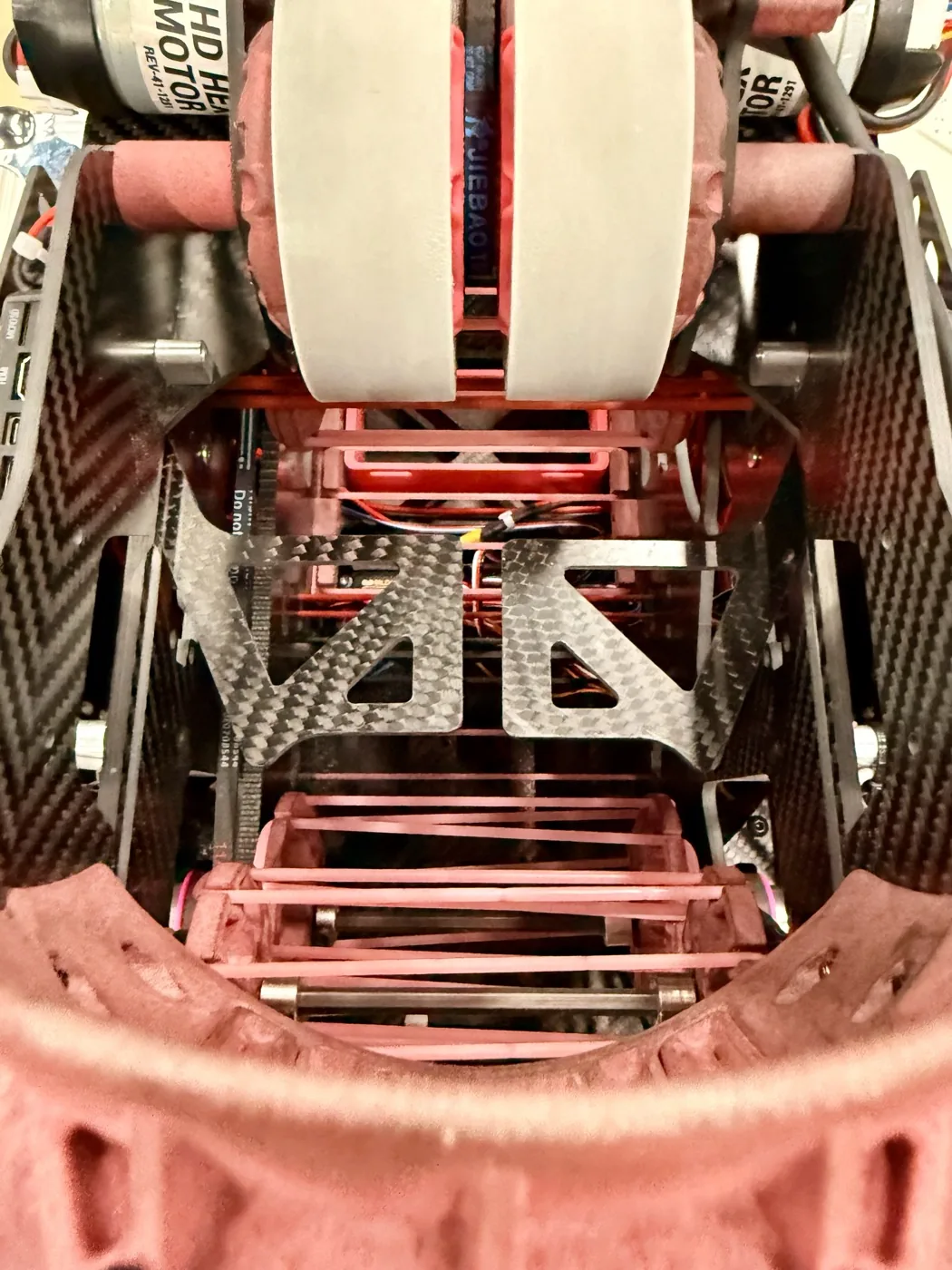 IK19859 interior chassis — carbon fibre frame, drive motors and wiring close-up