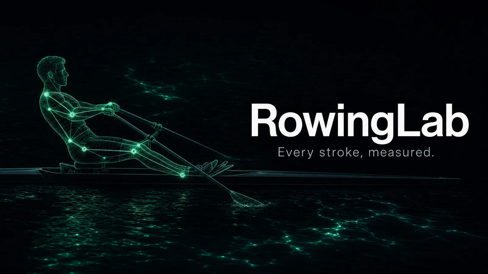 RowingLab pose skeleton tracked on a single sculler, with the line Every stroke, measured